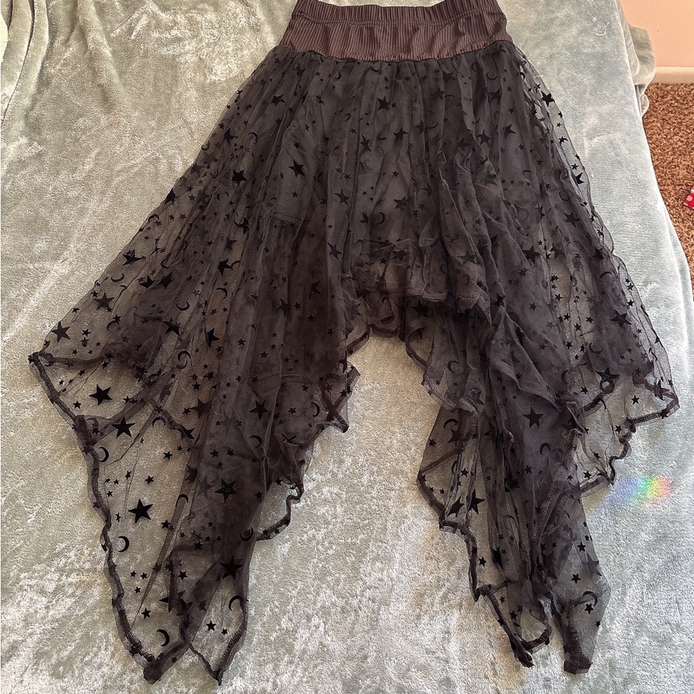 Women’s casual goth y2k star moon mesh contrast asymmetrical hem skirt - Picture 2 of 2